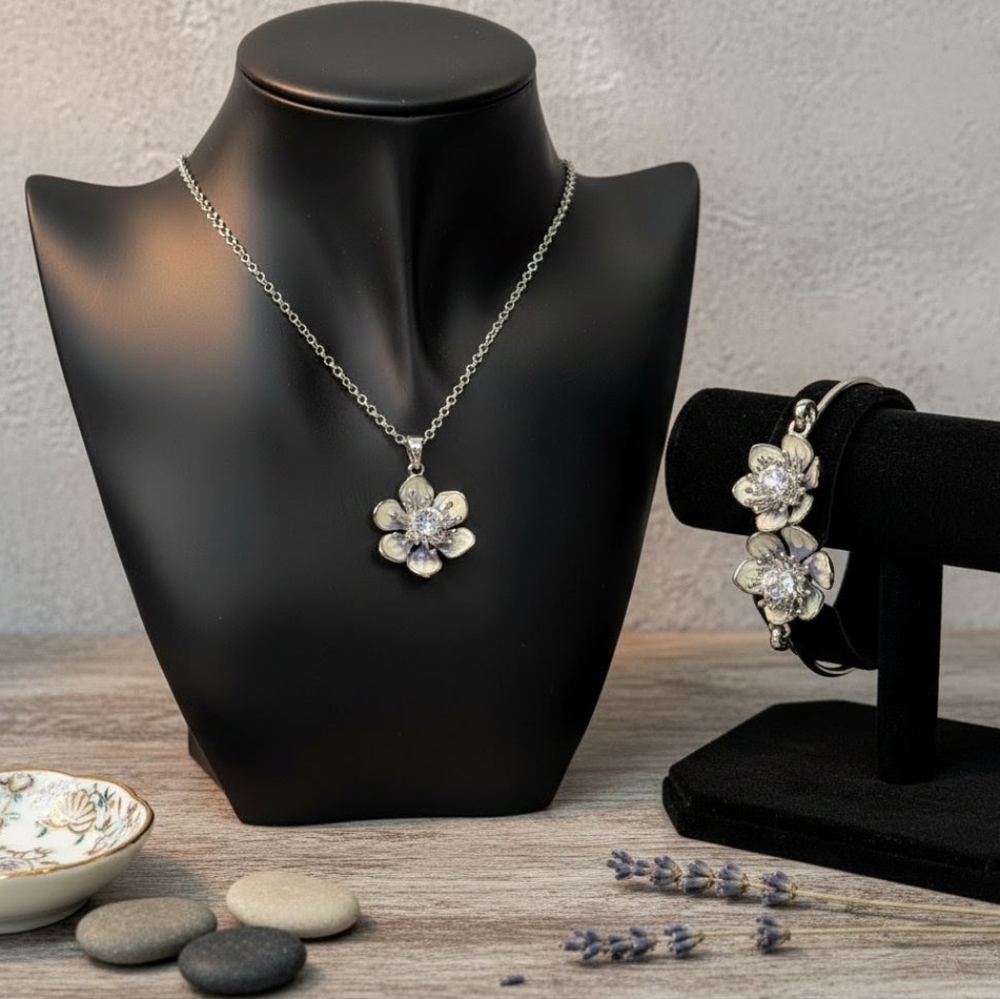 Swarovski® Crystal Hand-Painted Flower Jewelry Set: 3D Enamel Necklace & Bangle